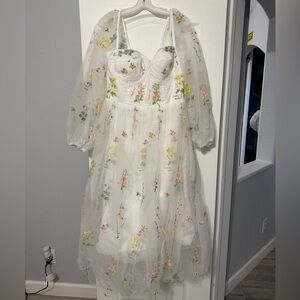 White Floral Embroidered Tea Length Dress